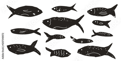 Fish set. Sardines school collection. Salmon silhouettes linocut style. Undersea animals. Vector hand drawn linocut collage elements illustration isolated on white background.