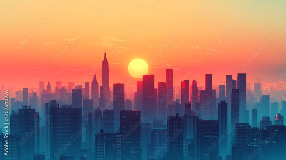 Vibrant sunset over a New York City skyline with silhouettes of skyscrapers Vibrant sunset over a New York City skyline with silhouettes of skyscrapers