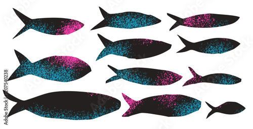 Fish textured set. Sardines school collection. Salmon silhouettes. Undersea animals. Vector hand drawn cutout collage elements illustration isolated on white background.
