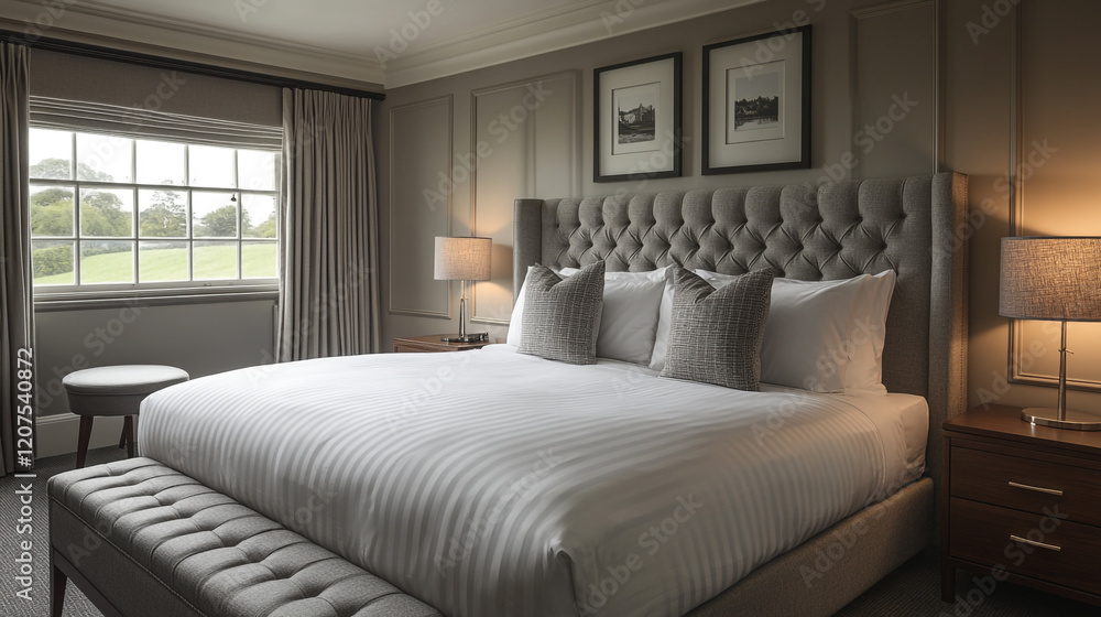 Elegant bedroom showcasing a spacious layout with modern decor and comfortable furnishings Elegant bedroom showcasing a spacious layout with modern decor and comfortable furnishings