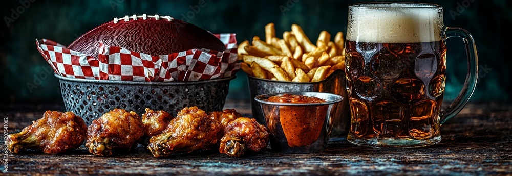 Chicken wings, fries, and onion rings arranged for football. Great for a Bowl Game party Chicken wings, fries, and onion rings arranged for football. Great for a Bowl Game party