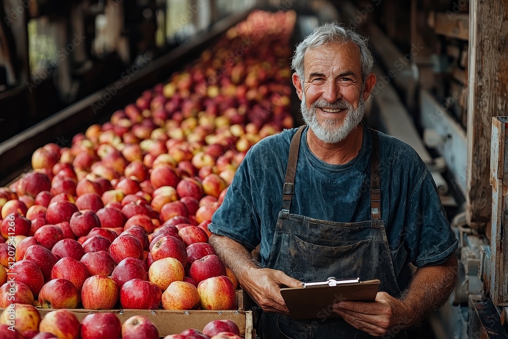 Fototapeta premium The confident manager armed with a clipboard in an apple food processing plant