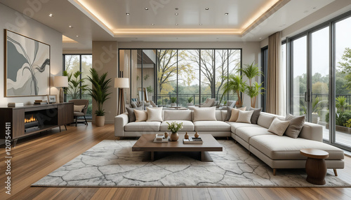 Chic modern living room interior featuring stylish furniture and a unique concrete texture wall background. This design combines industrial elements with contemporary decor, ideal for home design