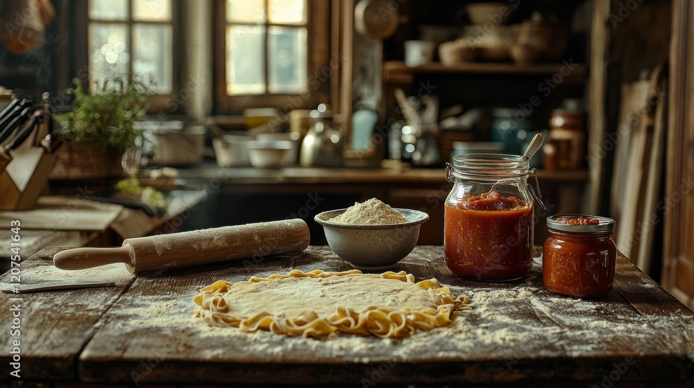 Fototapeta premium Rustic kitchen counter with fresh pasta and tomato sauce