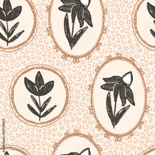 Flowers seamless pattern. Floral stencil on vintage frames allover background. Coneflower or daisy with crocus in oval and circular retro border. Vector hand drawn monochrome illustration.