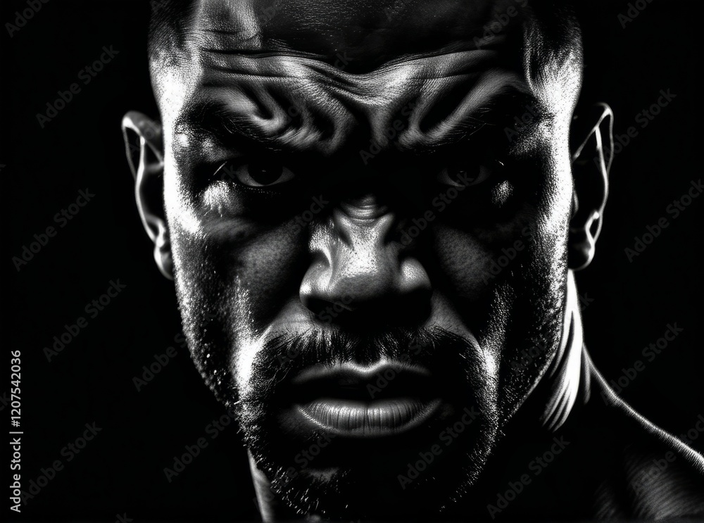 Intense close-up of a fighter showcasing determination and focus during a training session in a dark gym environment Intense close-up of a fighter showcasing determination and focus during a training session in a dark gym environment