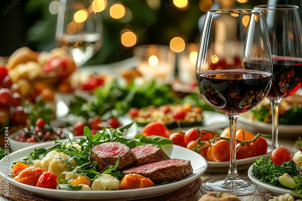 A table set for two in the restaurant, adorned with food and red wine A table set for two in the restaurant, adorned with food and red wine