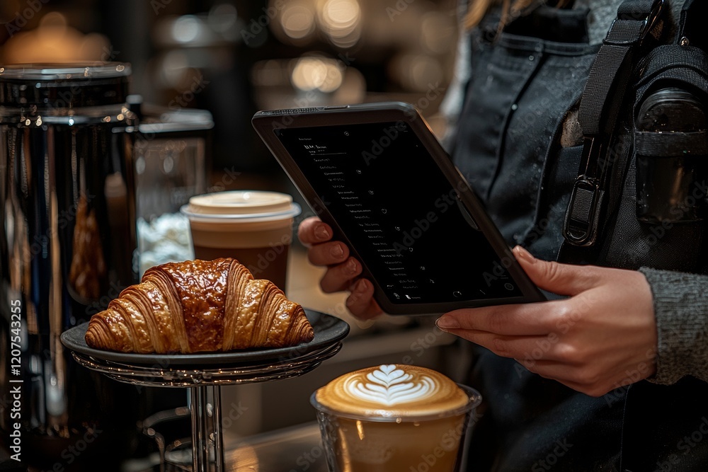 A high-angle shot of a barista handling a digital tablet at the kitchen counter in a cafe A high-angle shot of a barista handling a digital tablet at the kitchen counter in a cafe