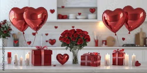 Heart-themed Valentine's Day kitchen with red roses, heart-shaped balloons, and gift boxes photo