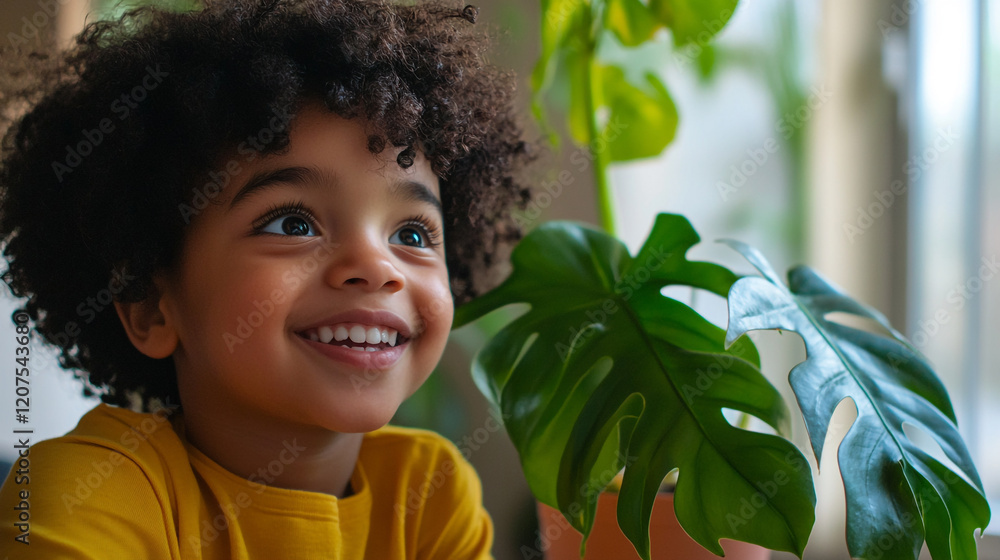 Child with curly hair smiles joyfully next to a large green plant indoors during daytime