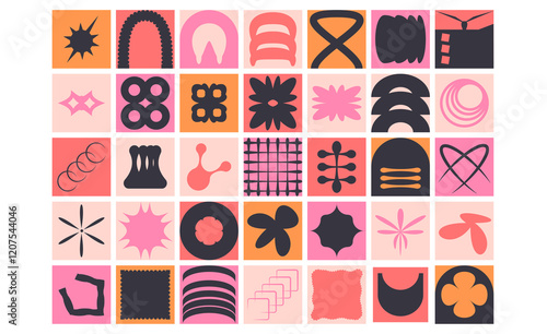 Geometric modular shapes set. Square blocks abstract brutalist elements pack. Mosaic pattern design. Neo geo vector flat collection illustration isolated on white background.