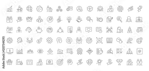 Management thin line icon set. Containing Business, Strategy, Management, Goal, Target, Leadership, Teamwork, Work Group, Human Resources vector icons. Editable stoke.