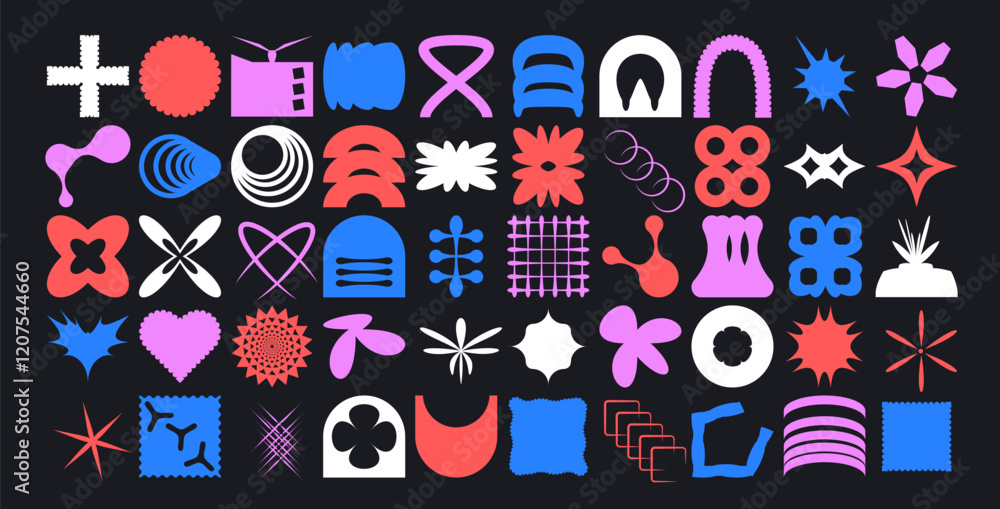 Geometric shapes set. Brutalist figures pack. Retro y2k forms. Simple graphic distortion stickers. Vector flat refraction elements collection illustration isolated on white background. Geometric shapes set. Brutalist figures pack. Retro y2k forms. Simple graphic distortion stickers. Vector flat refraction elements collection illustration isolated on white background.