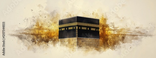 Artistic Watercolor Depiction of the Kaaba in Mecca, Saudi Arabia A Sacred Site for Muslims