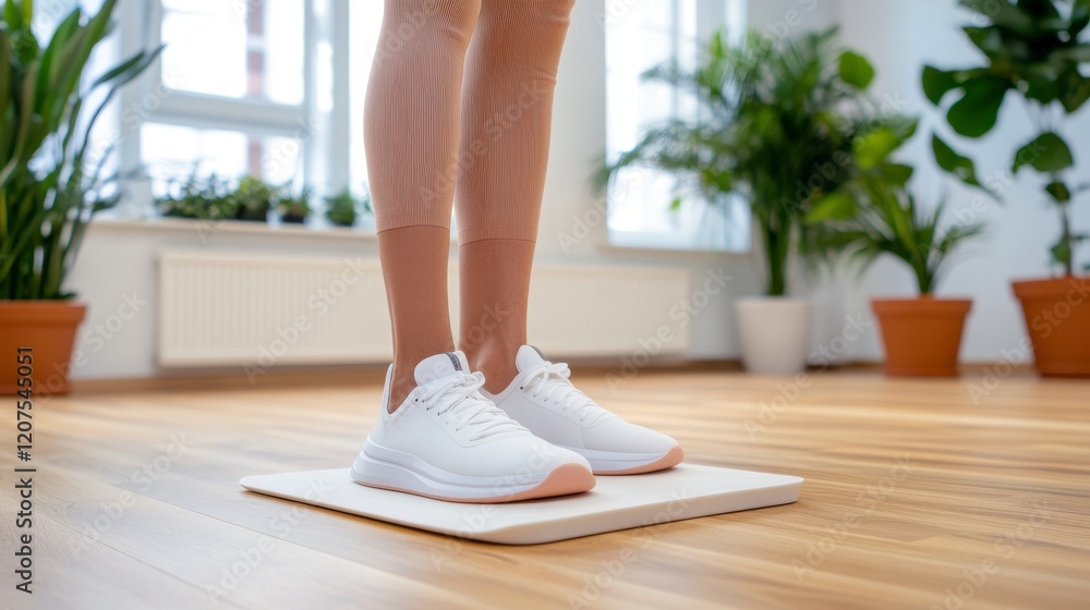 Person Standing on Weight Scale in Modern Bright Indoor Environment Person Standing on Weight Scale in Modern Bright Indoor Environment