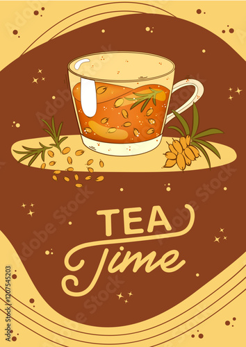 Poster with tea, teapot, teacup, sea buckthorn. For poster, card, banner, discount, special offer. Vector illustration EPS10 
