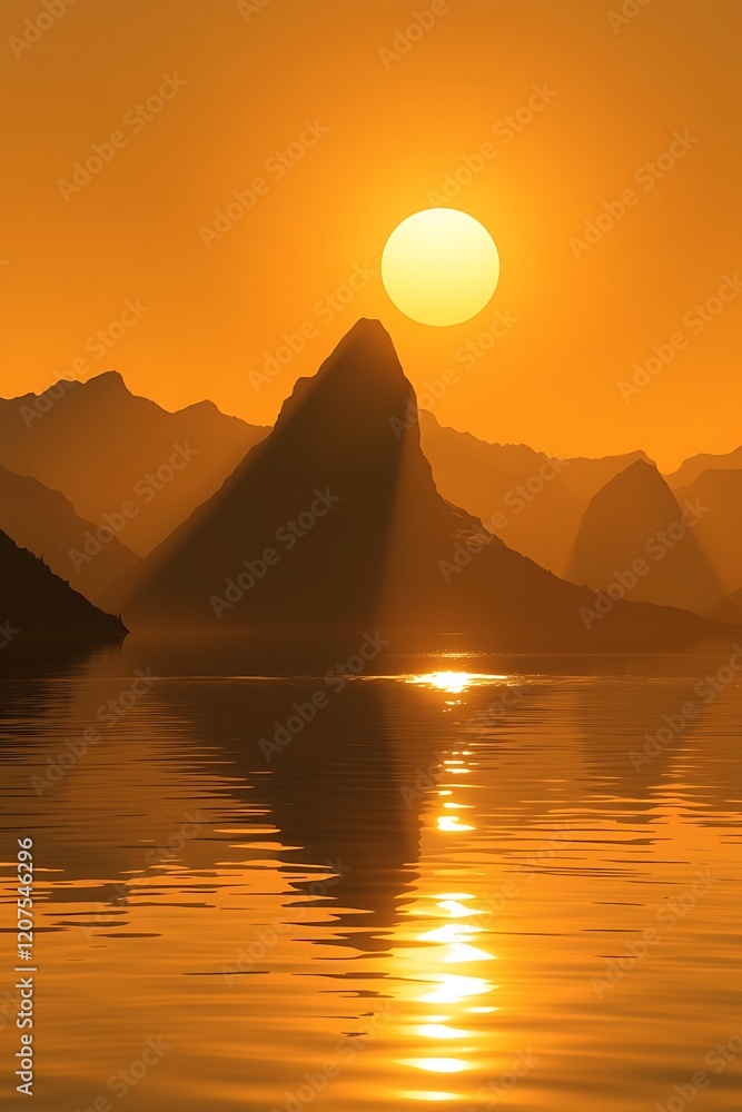 Naklejka premium Sunset over tranquil lake and majestic mountains.