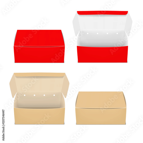Takeout food paperboard clamshell lunch box. Closed and open. Red and kraft paper. Easy editable. 3d mockup. Takeaway snack container packaging. Realistic vector mock-up. Template for design