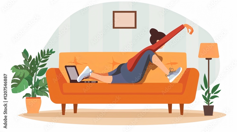 Fototapeta premium At-Home Workout: Woman Stretching on Sofa After Computer Work