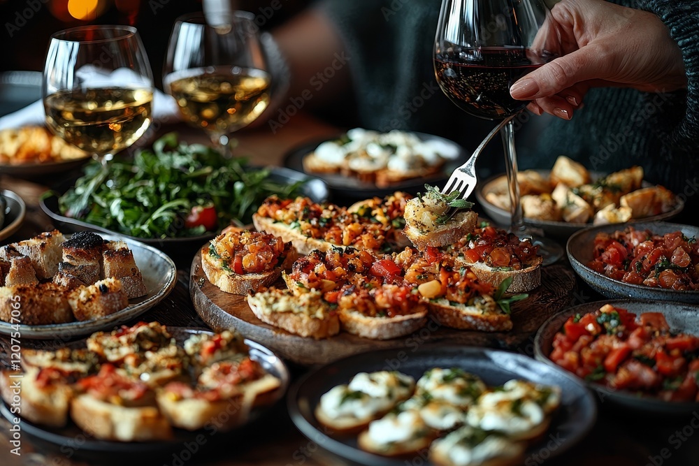 Obraz premium A woman is eating food in a restaurant, with a bottle of wine, cheese, meat, vegetables, and other appetizers on the table