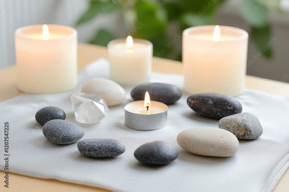 Relaxing stone arrangement with candles home spa calm environment close-up perspective for stress relief Relaxing stone arrangement with candles home spa calm environment close-up perspective for stress relief