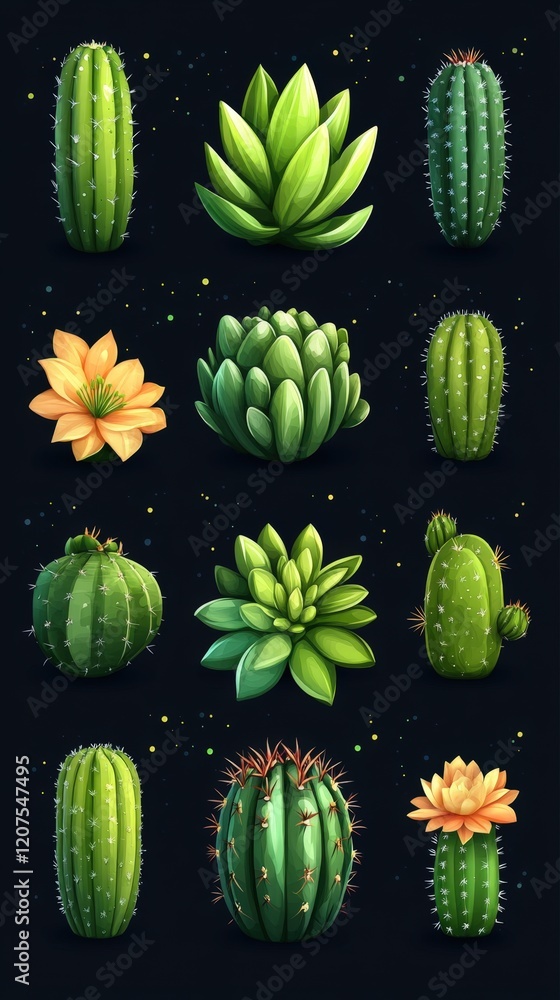 Pixel Art Collection of Cacti and Succulents with Blooming Flowers Pixel Art Collection of Cacti and Succulents with Blooming Flowers