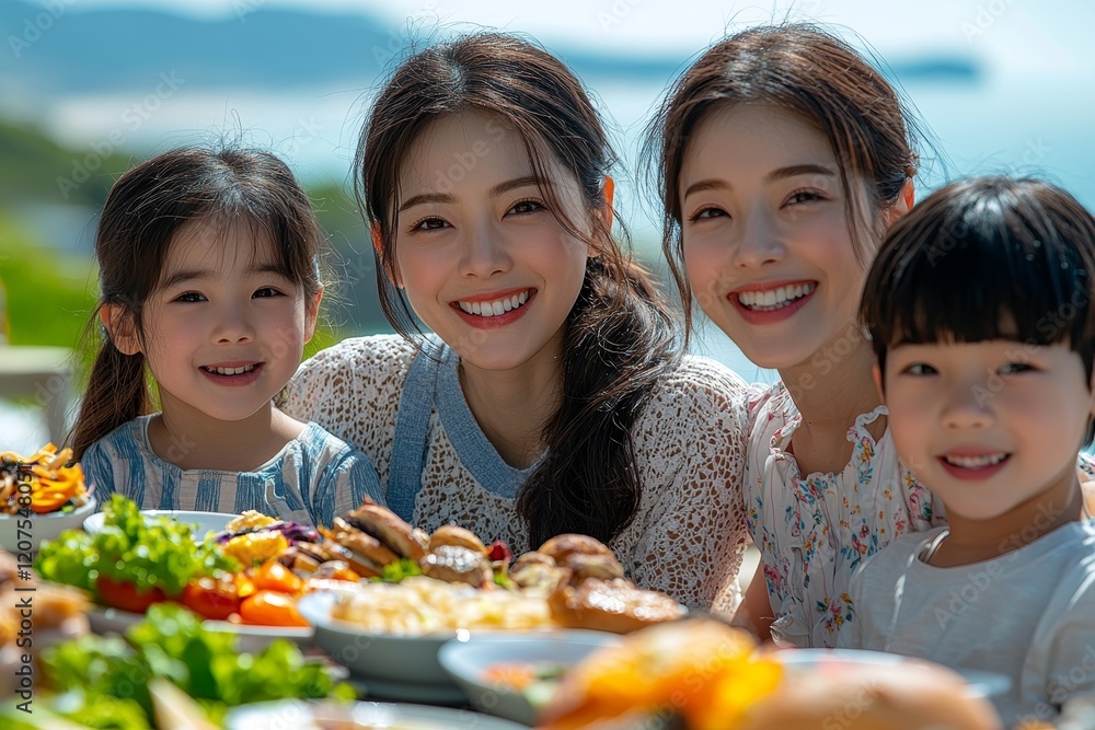 Fototapeta premium An Asian multi-generational family indulges in a joyful celebration dinner with food and drinks at a tropical beach restaurant on their summer vacation ocean cruise, celebrating family relationships
