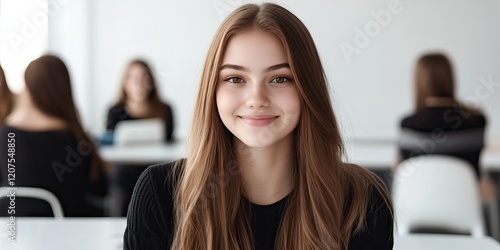 Wallpaper Mural A female student is smiling in a bright, modern classroom. She is focused on her studies while classmates are engaged in various activities around her on Women's Day Torontodigital.ca