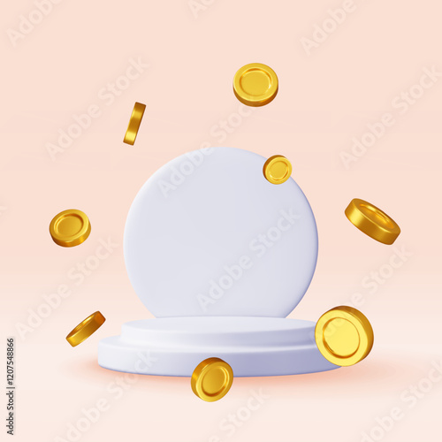 3D grey awards podium with flying coins isolated. Render stage for winners. Empty stage square podium. Minimal white scene. Pedestal 3D platform. Realistic vector illustration
