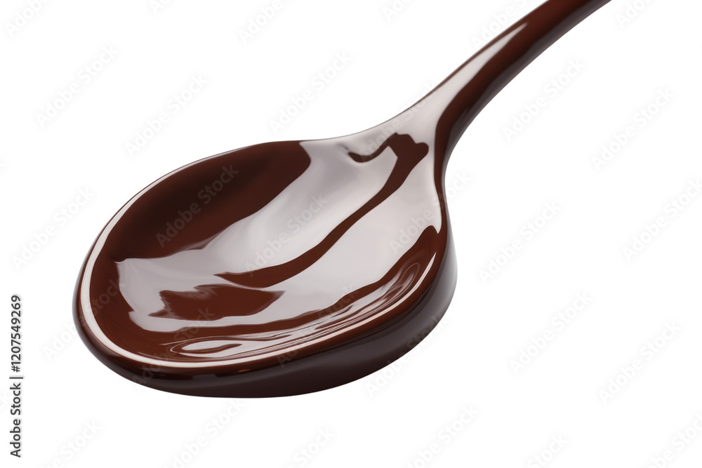 Fototapeta premium Smooth, glossy liquid chocolate cascading from a spoon, forming a rich, shiny pool on a white surface