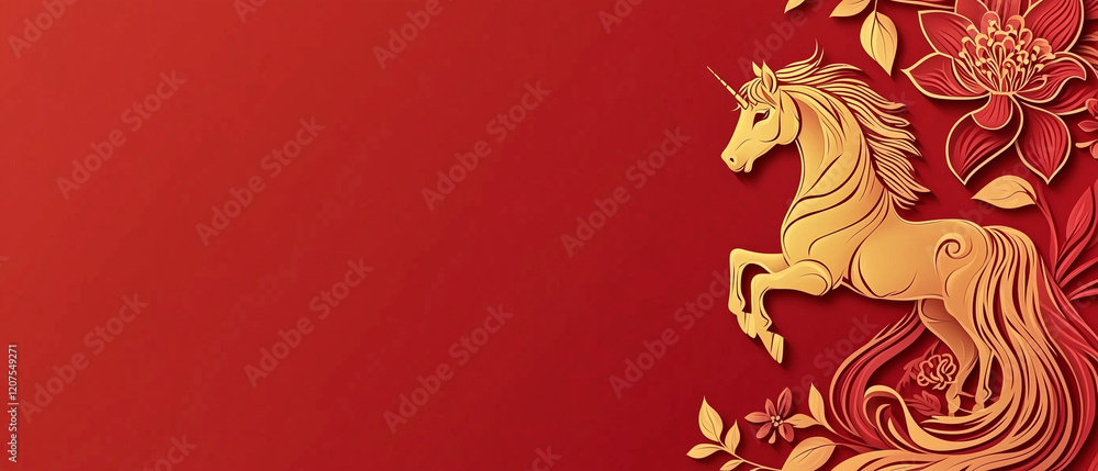 Fototapeta premium Elegant Golden Unicorn Red Floral Background Chinese New Year Design, Transparent Background, Ai Generative Images