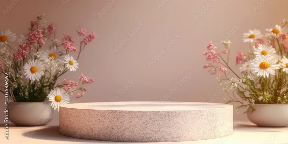 Round stone podium with daisies and flowers on beige background, space for product or text. 3D rendering mockup Round stone podium with daisies and flowers on beige background, space for product or text. 3D rendering mockup