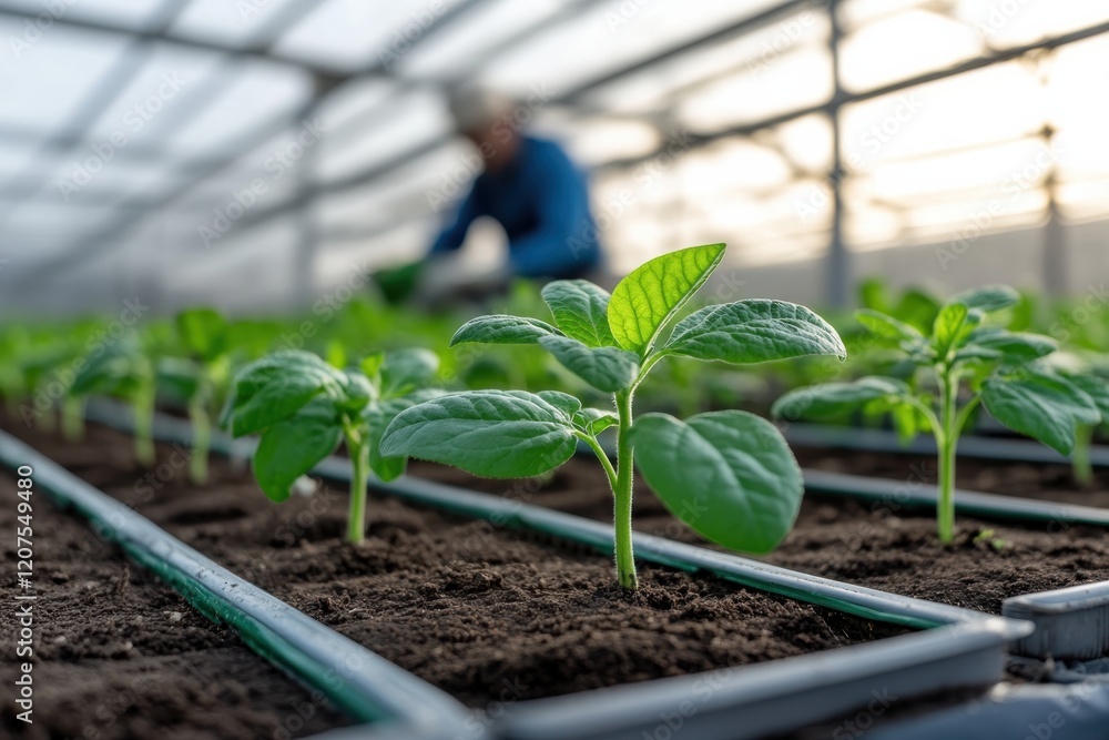 Inside a greenhouse, healthy seedlings sprout in rich soil as a dedicated gardener tends to them, symbolizing growth, nurturing, and the importance of agriculture. Inside a greenhouse, healthy seedlings sprout in rich soil as a dedicated gardener tends to them, symbolizing growth, nurturing, and the importance of agriculture.