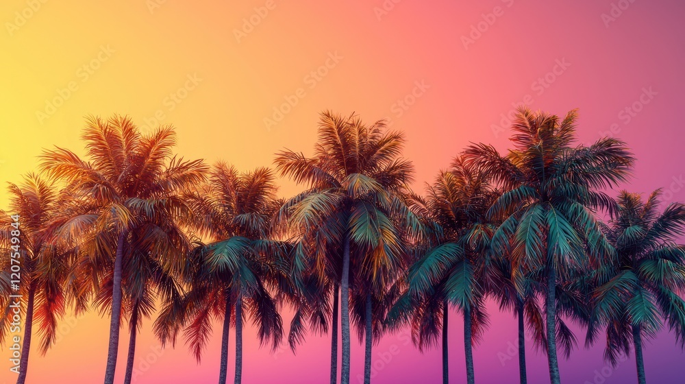 Obraz premium Swaying palm trees against a vibrant sunset sky