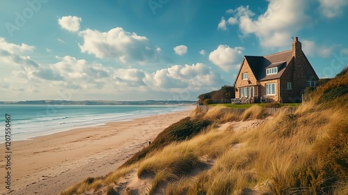 A charming seaside house perched on a cliff, with a stunning view of the beach and ocean waves crashing against the shore under a partly cloudy sky.