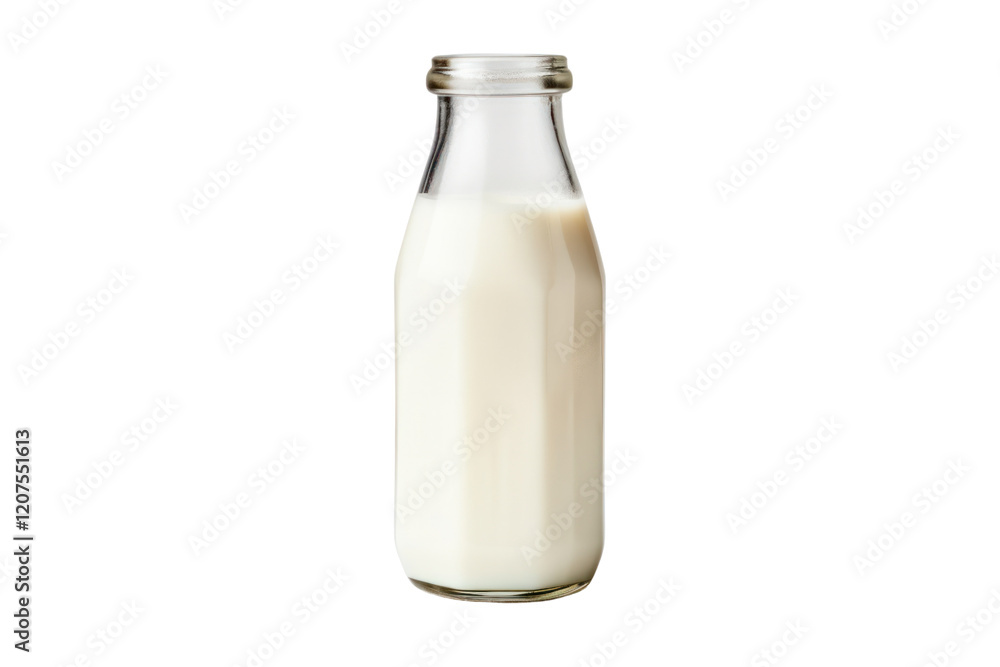 A clear glass bottle of milk with a slight condensation, showcasing the smooth texture of the milk, isolated on white background. A clear glass bottle of milk with a slight condensation, showcasing the smooth texture of the milk, isolated on white background.