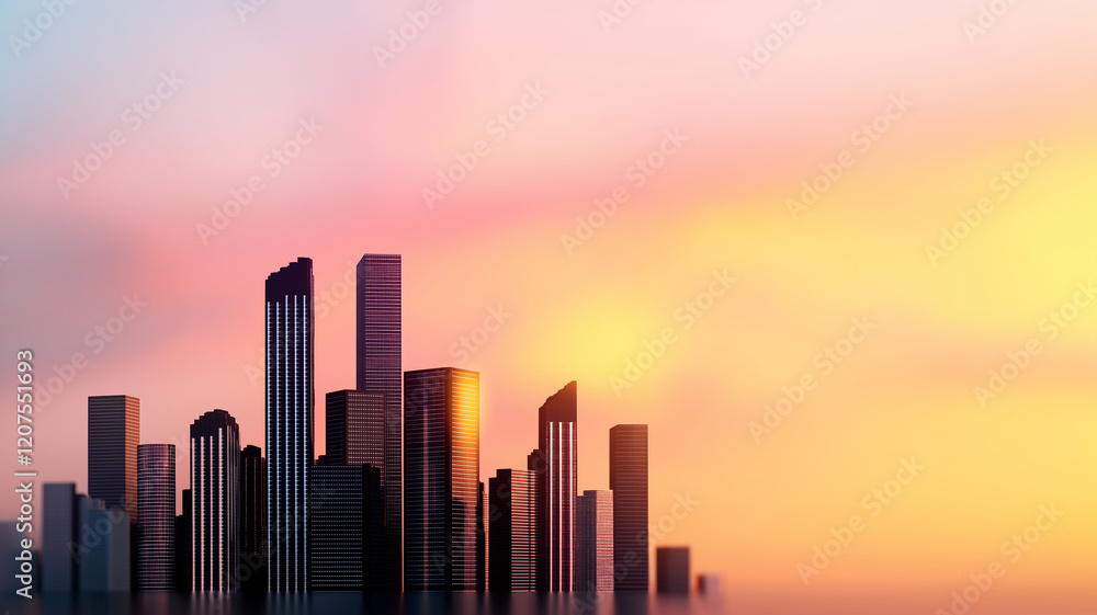 Fototapeta premium Futuristic skyscrapers silhouetted against vibrant sunset sky, showcasing modern architecture and urban design. scene evokes sense of innovation and progress