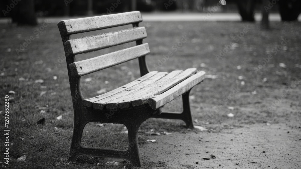 A weathered wooden park bench sits alone in a monochrome landscape. A weathered wooden park bench sits alone in a monochrome landscape.