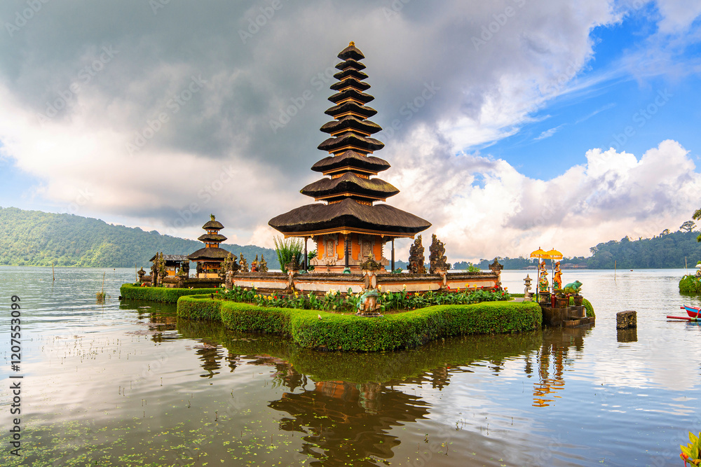 Temple complex Pura Ulun Danu Bratan, Hindu Shaivite temple on Lake Bratan in Bali, Indonesia. Water temple. Religious building. Temple complex Pura Ulun Danu Bratan, Hindu Shaivite temple on Lake Bratan in Bali, Indonesia. Water temple. Religious building.