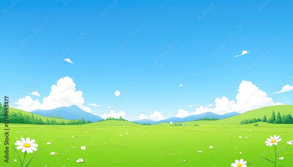 Fototapeta premium Serene Summer Meadow Landscape Under Blue Sky