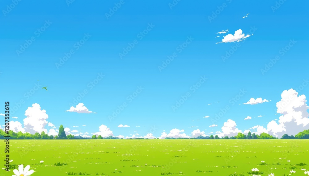Fototapeta premium Serene Summer Meadow Under a Bright Blue Sky