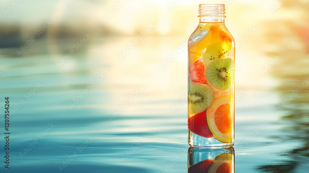 Obraz premium A clean glass water bottle with vibrant fruit infusions placed on a reflective surface under bright sunlight