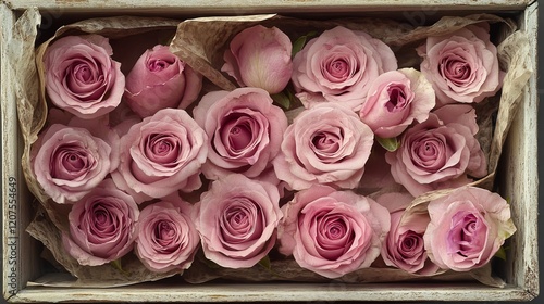 Fototapeta Naklejka Na Ścianę i Meble -  Pink roses in a pretty paper and gift box. Seen from above.