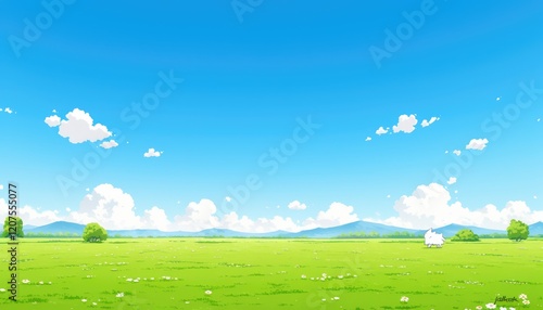 Sunny Meadow Landscape With White Creature And Mountains