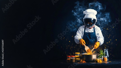 Fototapeta Naklejka Na Ścianę i Meble -  Astronaut cooking sauce in a kitchen environment with spices and herbs