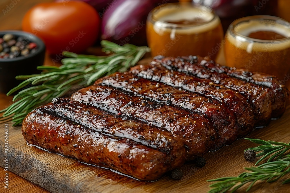 A glass of beer accompanies a gourmet steak and French fries on a wooden background A glass of beer accompanies a gourmet steak and French fries on a wooden background