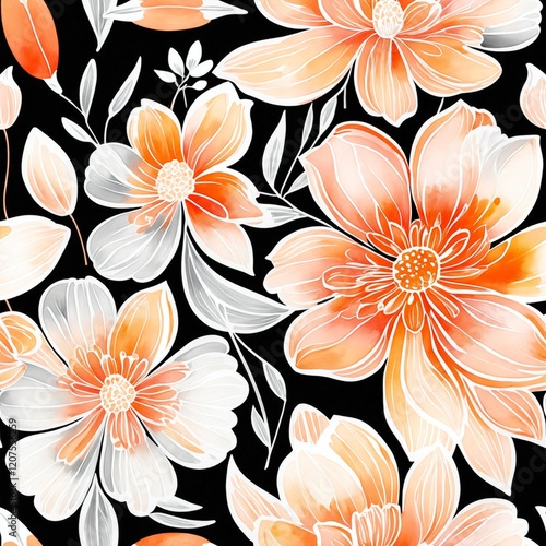 Vibrant Floral Seamless Pattern with Orange and White Blooms on Black Background for Fabric and Textile Design - Semaless tile photo