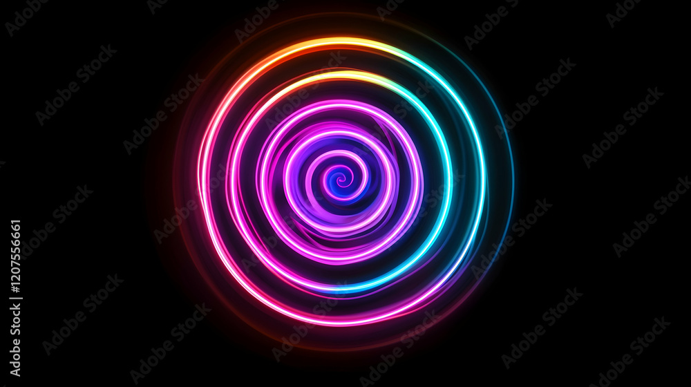 A glowing abstract spiral pattern in vibrant neon colors on a clean black background, creating depth and symmetry A glowing abstract spiral pattern in vibrant neon colors on a clean black background, creating depth and symmetry