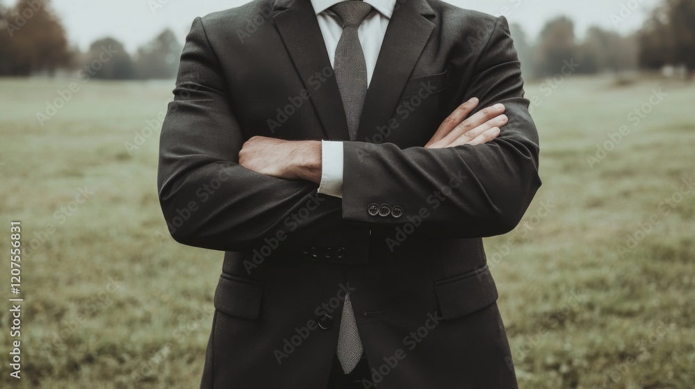 Confident businessman with arms crossed standing in a field. Confident businessman with arms crossed standing in a field.
