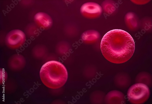 A close-up view of blood red cells under a microscope, showcasing their biconcave shape and smooth texture, with some cells appearing slightly deformed, against a dark background to enhance contrast